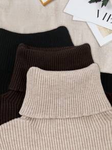 SHEIN LUNE 3pcs Solid High Neck Ribbed Knit Knit Pullover Fall Winter Sweater - Multicolor - View 7