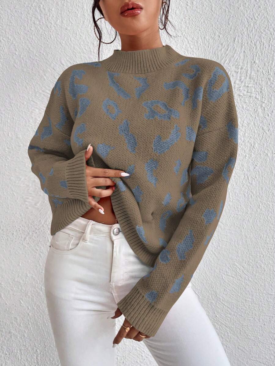 SHEIN LUNE 图案高领落肩针织套头衫秋冬毛衣 - 駝色 - 查看 1