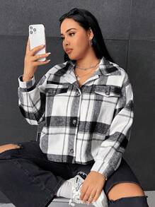 SHEIN EZwear Plus Plaid Print Drop Shoulder Flap Detail Overcoat - Black and White - View 4