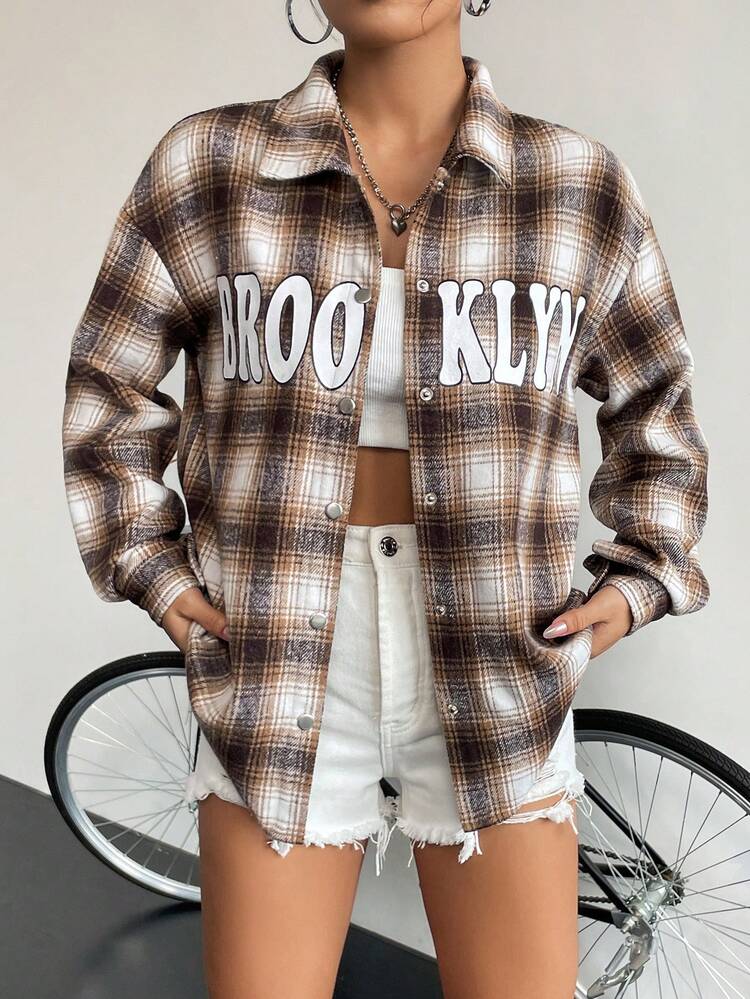 Plaid & Letter Graphic Drop Shoulder Button Front Coat Fall Cloth For Women
