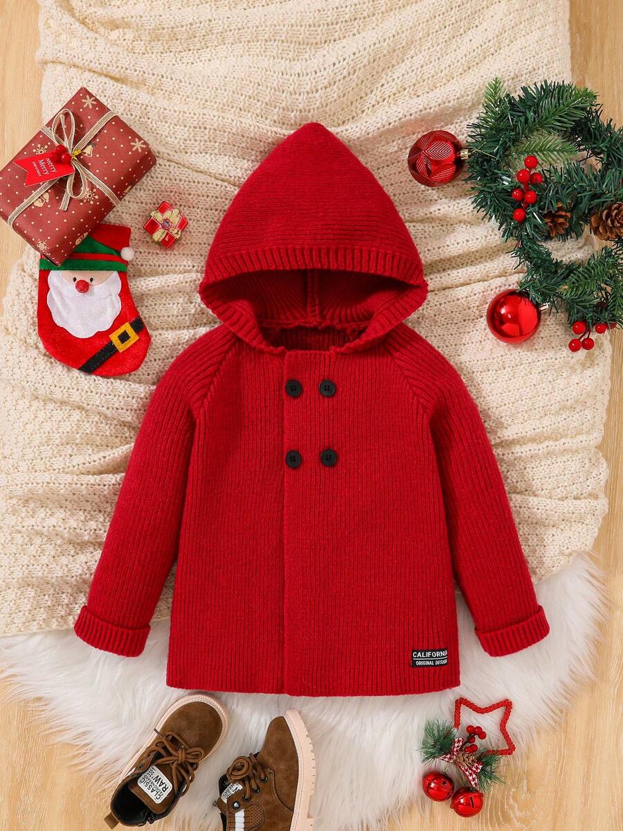 SHEIN 男小童字母貼布雙排釦連帽開襟衫 - 紅色 - 查看 1