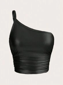 SHEIN ICON 單肩側收褶短款上衣 - 黑色 - 查看 3