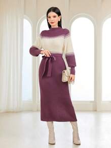 Mulvari Vestido de punto de color combinado de cuello alto con cinturón