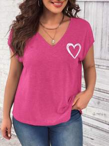 SHEIN LUNE 夏季加大爱心印花蝙蝠袖 T 恤 - 玫紅色 - 查看 1