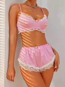 SHEIN Lace Trim Satin Lingerie Set - Pink - View 4