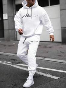 Manfinity Homme 男士字母圖案袋鼠口袋抽繩連帽衫和運動褲 - 白色 - 查看 1