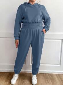 Calvaya Plus Drop Shoulder Drawstring Hoodie & Sweatpants - Blue - View 4