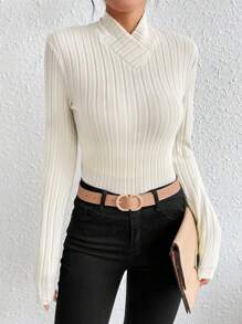 Chiquease Solid Mock Neck Ribbed Knit Tee - Apricot - View 1