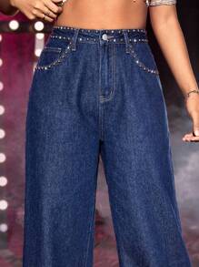 SHEIN 高腰珍珠串珠闊腿牛仔褲 - 深色水洗藍 - 查看 3