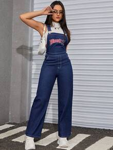 SHEIN ICON Letter Graphic Denim Overalls Without Tank Top - Dark Wash - View 4