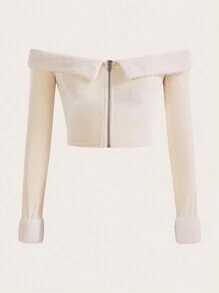 SHEIN EZwear Off Shoulder Fuzzy Cuff Zip Up Crop Top - Apricot - View 1
