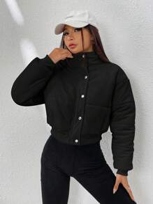 SHEIN EZwear 纯色拉链短款夹棉大衣 - 黑色 - 查看 4