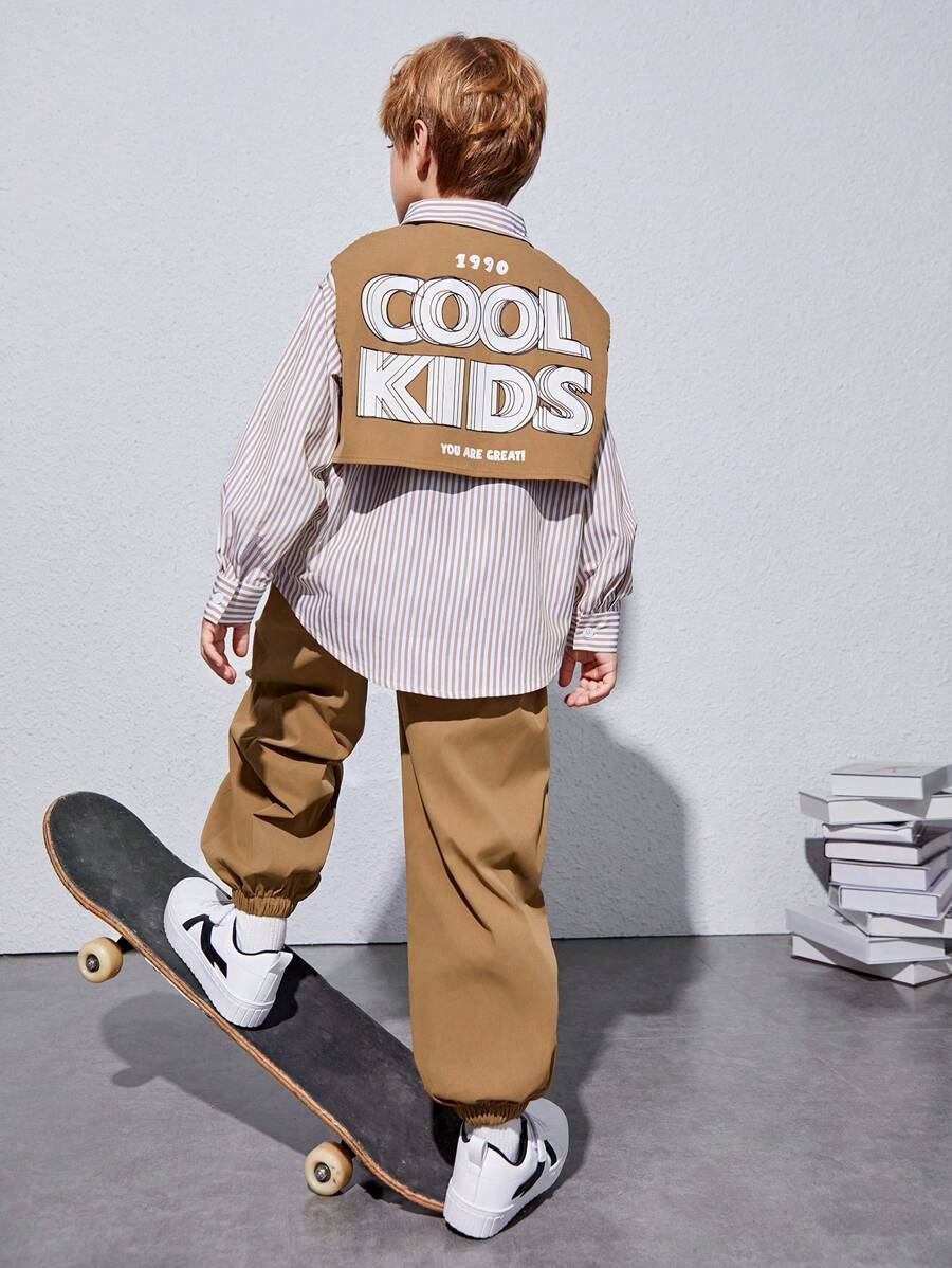 SHEIN Tween Boy Striped & Slogan Graphic Flap Pocket Shirt & Pants - Khaki - View 1