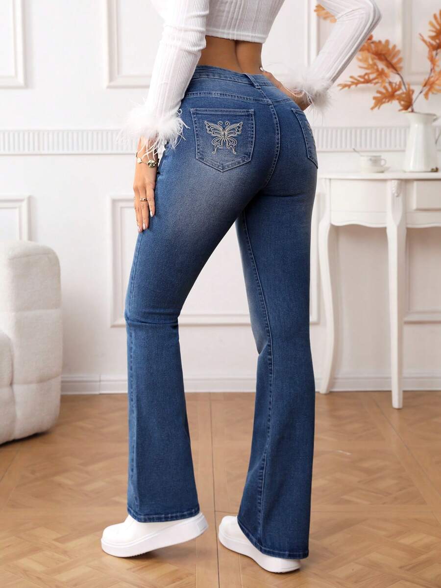 SHEIN Essnce Butterfly Embroidery Flare Leg Jeans - Medium Wash - View 1