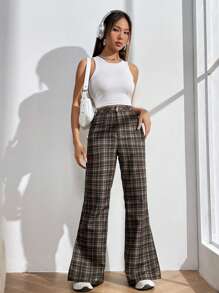 SHEIN Unity Plaid Split Hem Flare Leg Pants - Army Green - View 3