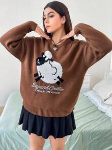 Flirla 大碼卡通和字母圖案落肩袖套頭毛衣 - 彩色 - 查看 6