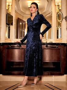 Modelyn 交疊領絲絨洋裝不附腰帶 - 藏蓝色 - 查看 3