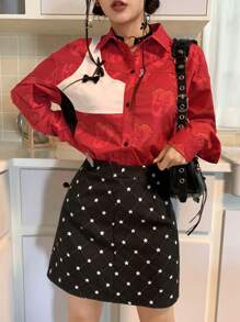 SHEINNeu 字母和花卉印花蝴蝶結和前紐扣襯衫