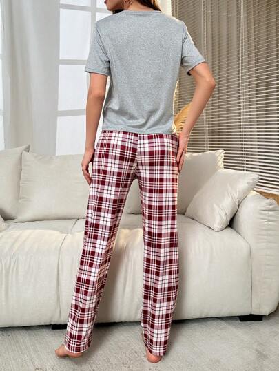 Letter Graphic Tee Plaid Print Pants PJ Set Pajama view 2
