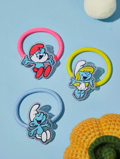 SHEIN X The Smurfs Glittering & Cute Hair Ties & Elastic Bands, 3pcs Ponytail Holders, Hair Elastics, Hair Rubber Bands