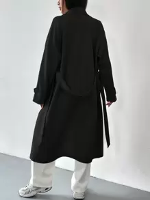 SHEIN EZwear Lapel Neck Drop Shoulder Belted Overcoat In Fall/Winter - Black - View 2