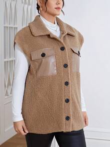 SHEIN Essnce Hơn Túi có nắp Teddy Áo vest - Màu Khaki - Xem 4