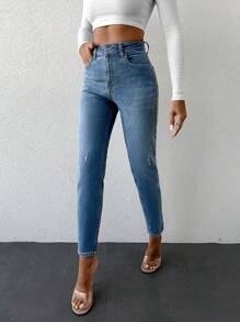 EURMUSE 98%Cotton High Waist Cat Scratch Skinny Jeans - Blue - View 5