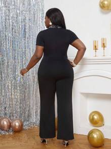 SHEIN Lady 大碼珍珠串珠小高領連身褲 - 黑色 - 查看 2