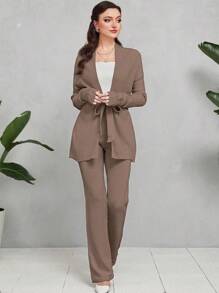 Mulvari Solid Belted Cardigan & Knit Pants 2 Pieces Set - Apricot - View 5