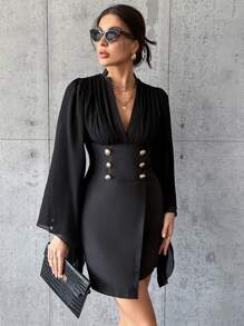 SHEIN Privé Plunging Neck Button Detail Flounce Sleeve Dress - Black - View 4