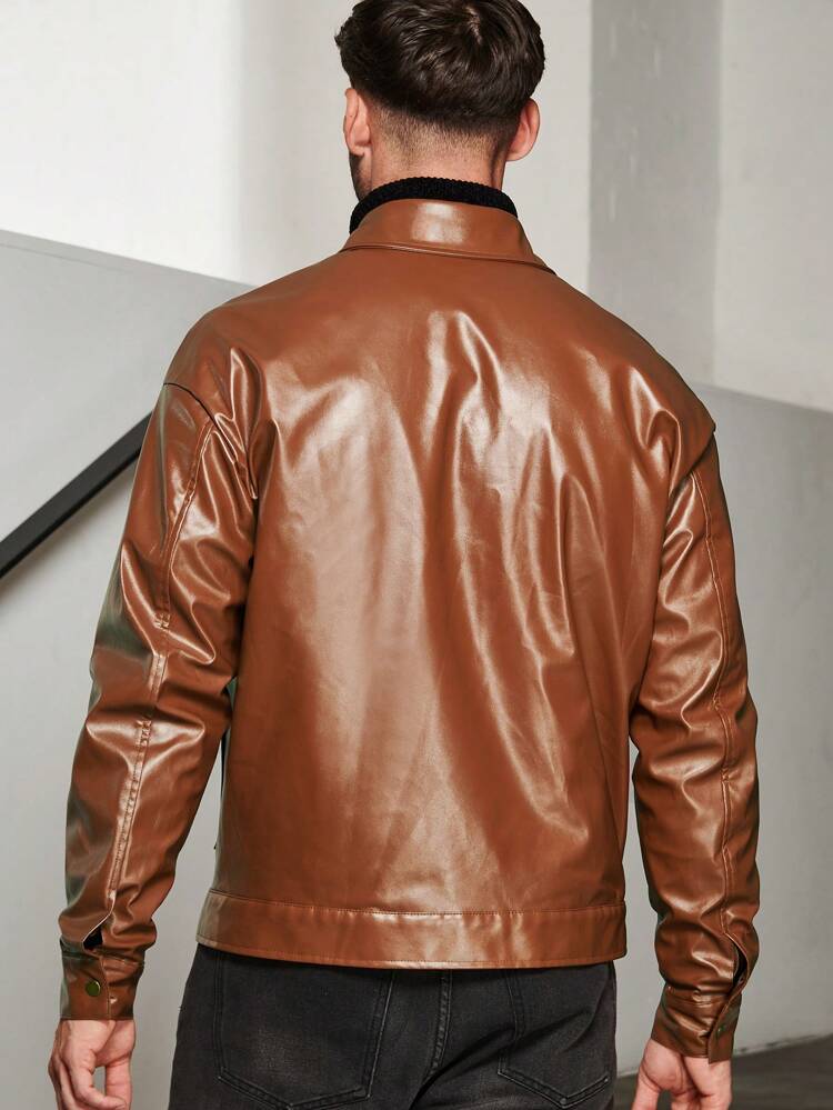 Loose Fit Men PU Leather Jacket With Flap Pockets