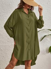 SHEIN VCAY 素色前紐扣高低下擺襯衫 - 軍綠色 - 查看 3