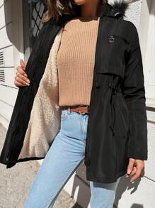 EURMUSE Drawstring Waist Fuzzy Trim Hooded Coat - Black - View 8
