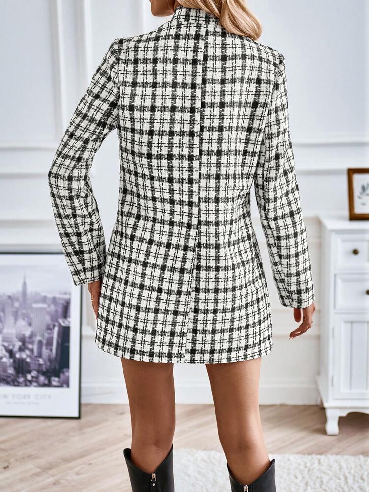 Plaid Pattern Flap Detail Tweed Overcoat