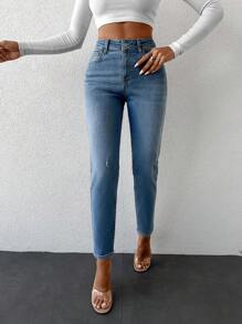 EURMUSE 98%Cotton High Waist Cat Scratch Skinny Jeans - Blue - View 4