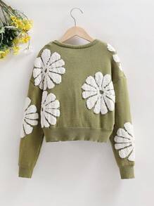 Teen Girl Floral Pattern Drop Shoulder Sweater - Olive Green - View 2