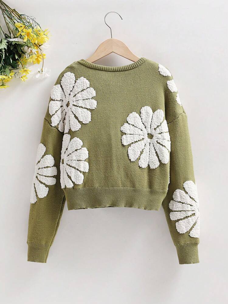 Teen Girl Floral Pattern Drop Shoulder Sweater