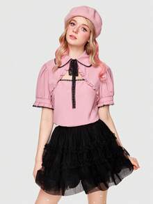 ROMWE Kawaii Tie Neck Ruffle Trim Blouse - Dusty Pink - View 6