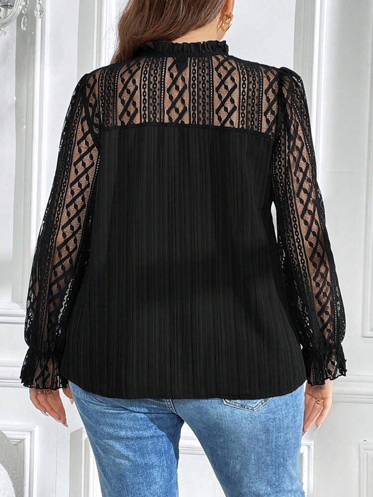 Plus Contrast Lace Flare Sleeve Tie Neck Blouse