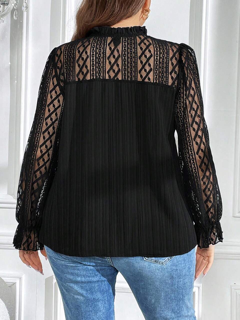 Plus Contrast Lace Flare Sleeve Tie Neck Blouse