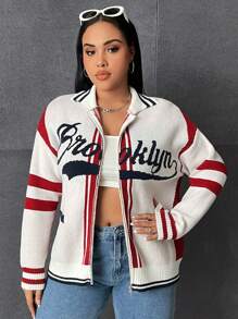 SHEIN EZwear Plus Letter Pattern Striped Trim Drop Shoulder Cardigan - White - View 5