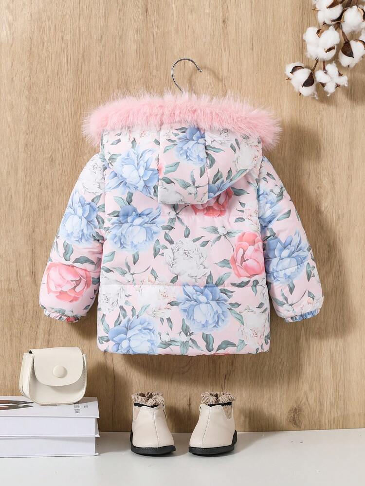 Baby Girl Allover Floral Print Fuzzy Trim Hooded Padded Coat
