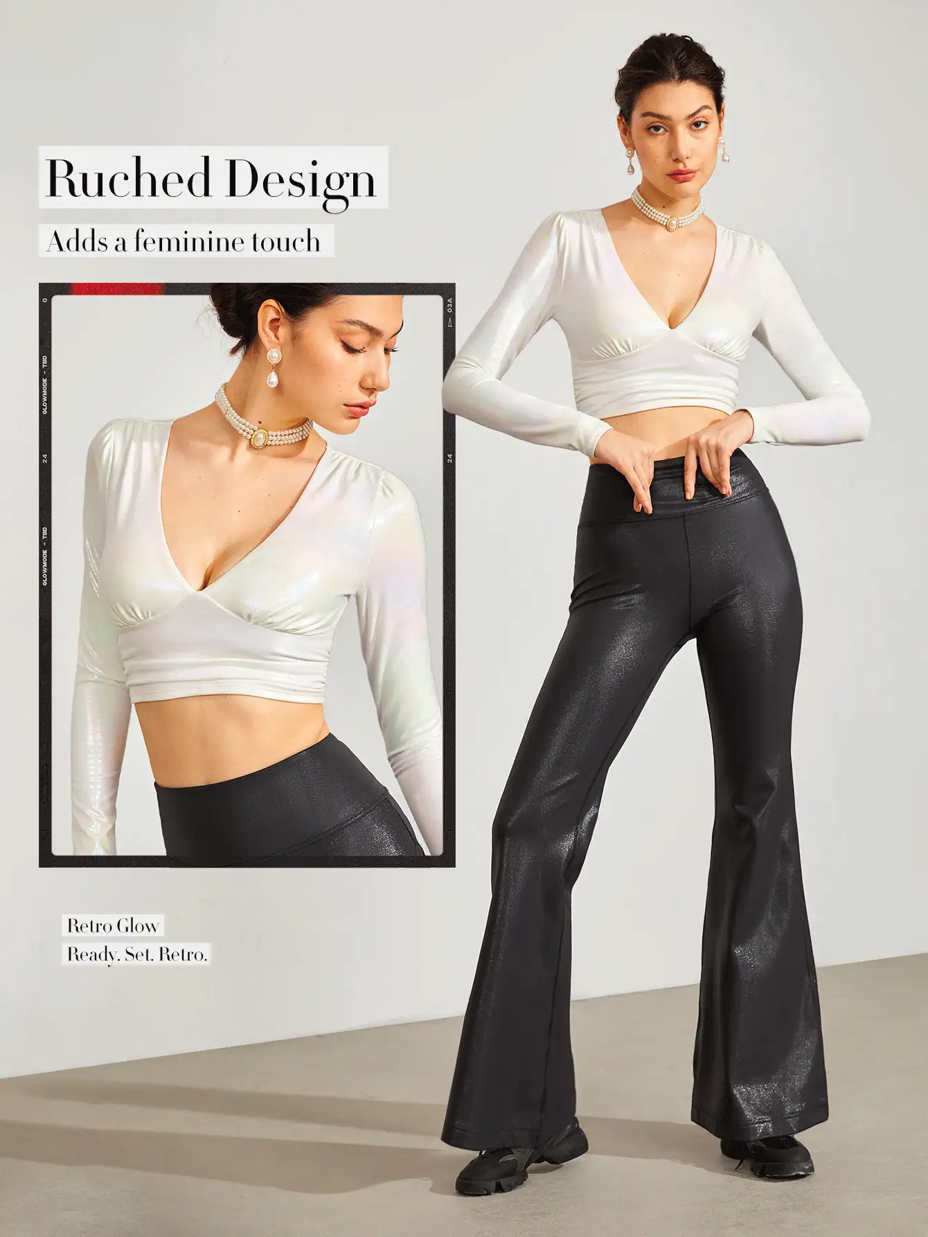 GLOWMODE 銀箔皮革效果閃亮v領運動上衣,輕支撐 - 白色 - 查看 5