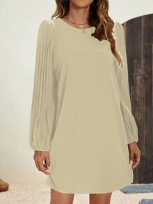 SHEIN Essnce 素色燈籠袖直筒洋裝 - 杏色 - 查看 4