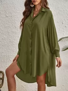 SHEIN VCAY 素色前紐扣高低下擺襯衫 - 軍綠色 - 查看 1