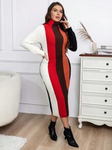 Calvaya 大碼撞色小高領毛衣洋裝 - 彩色 - 查看 7