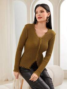 Modelyn 毛边罗纹针织套头衫，秋冬款 - 薑色 - 查看 1