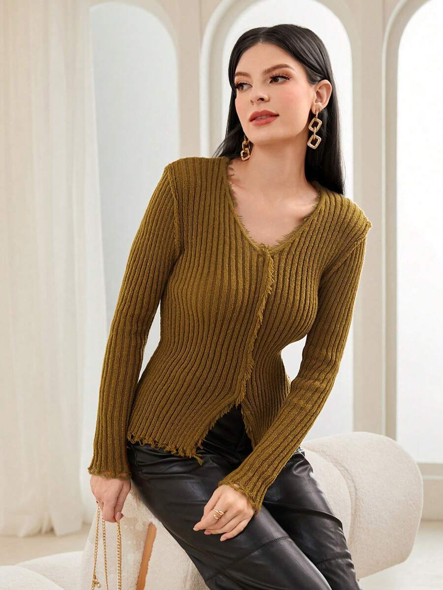 Modelyn 毛边罗纹针织套头衫，秋冬款 - 薑色 - 查看 1