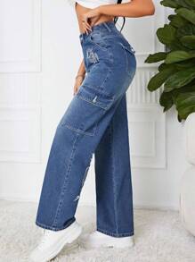 SHEIN ICON Chinese Dragon Graphic Flap Pocket Side Cargo Jeans - Medium Wash - View 3