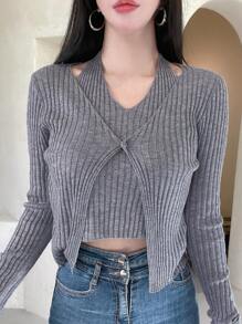 DAZY Ribbed Knit Halter Knit Top & Cardigan Fall - Grey - View 4